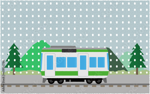 雪の中、山沿いを走る電車のベクターイラスト