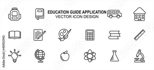 Simple Set of school education Vector icon user interface graphic design. Contains such Icons as backpack, book mark, school bus, writing, painting, light bulb, globe, atom, chemistry, microscope