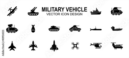 Simple Set of military armed vehicle Vector icon user interface graphic design. Contains such Icons as fighter jet, rocket launcher, antitank, tank, helicopter, drone, jet carrier ship, submarine