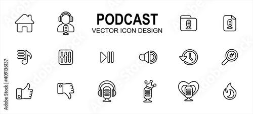 Simple Set of podcast streaming application Vector icon user interface graphic design. Contains such Icons as home, speaker, host, folder, category, new, play list, equalizer, play pause, favorite