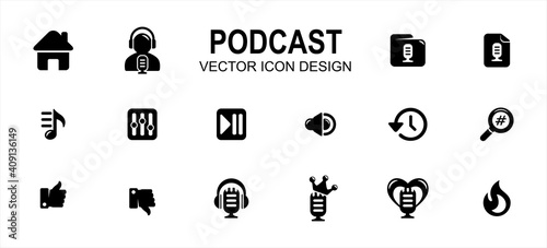 Simple Set of podcast streaming application Vector icon user interface graphic design. Contains such Icons as home, speaker, host, folder, category, new, play list, equalizer, play pause, favorite