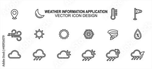 Simple Set of weather prediction information Vector icon user interface graphic design. Contains such Icons as place, moon, temperature, wind speed, windy, sunny, snowy, storm, cloudy, rainy, humidity