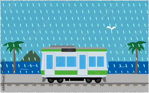 豪雨の中、海沿いを走る電車のベクターイラスト