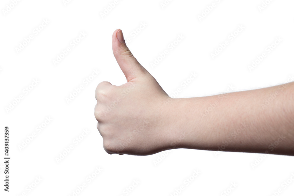 a hand gesture. male hand on white background