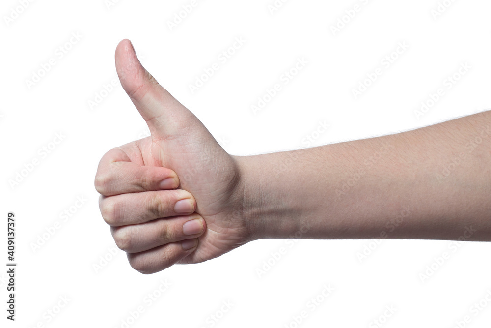 a hand gesture. male hand on white background a hand gesture. male hand on white background