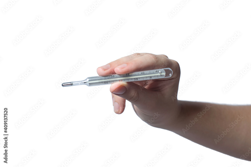 mercury thermometer in a man's hands on a white background. the medicine. a virus. mercury thermometer in a man's hands on a white background. the medicine. a virus.