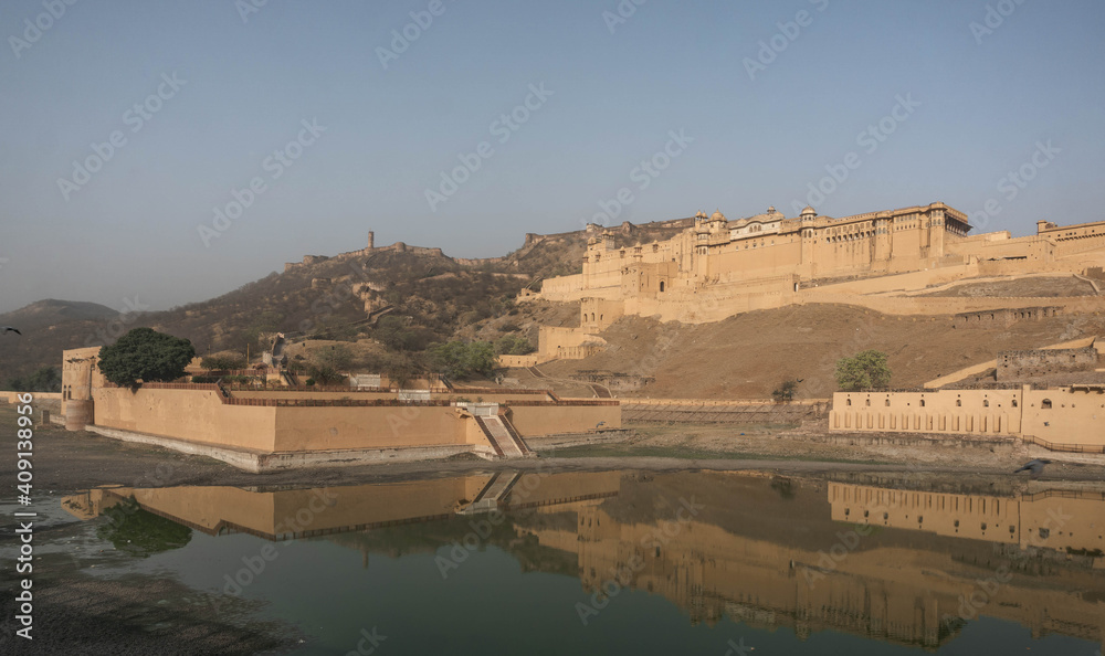 On the crest of a rocky hill is the fortified residence of Raja Man Singh I Amber Fort in the northern suburb of Jaipur of the same name. India.