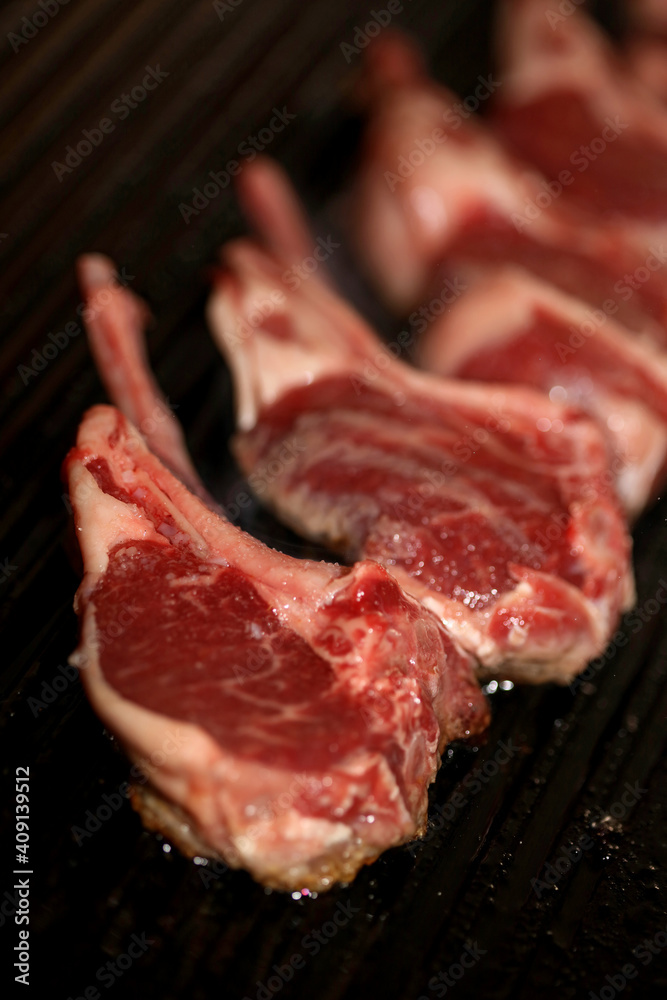 Meat baking on grill close up cooking modern high quality prints greek traditional food style