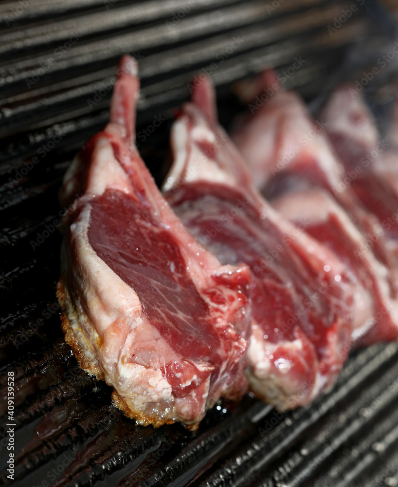 Meat baking on grill close up cooking modern high quality prints greek traditional food style