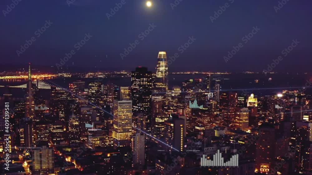 Wireless network connecting on Night City Skyline - 3D Aerial graphics Animation Wireless network connecting on Night City Skyline - 3D Aerial graphics Animation