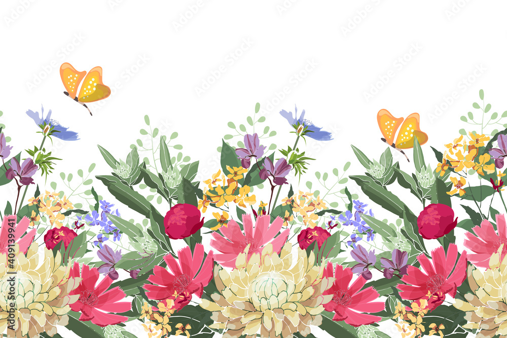 Vector floral seamless border. Summer flowers, green leaves. Chicory, mallow, gaillardia, marigold, oxeye daisy, peony. Red, yellow, blue flowers and buds, yellow butterflies on a white background.