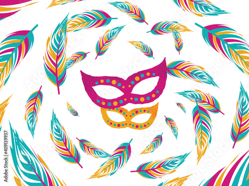 Popular Event in Brazil. Festive Mood. Carnaval Title With Colorful Party Elements. Travel destination. Brazilian Rythm, Dance and Music.