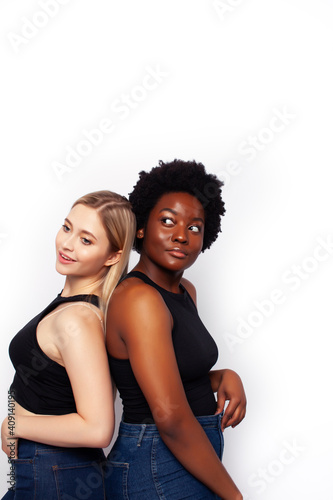 teenage friends cheerful having fun, happy smiling, cute posing isolated on white background, lifestyle people concept, african-american and caucasian