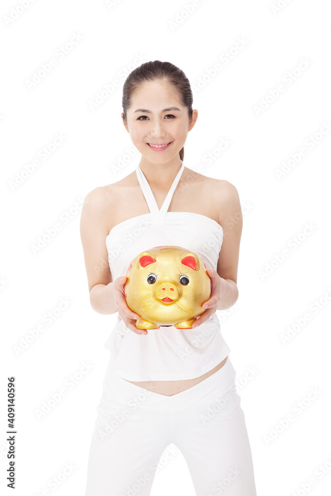 The fashionable young woman and piggy bank The fashionable young woman and piggy bank