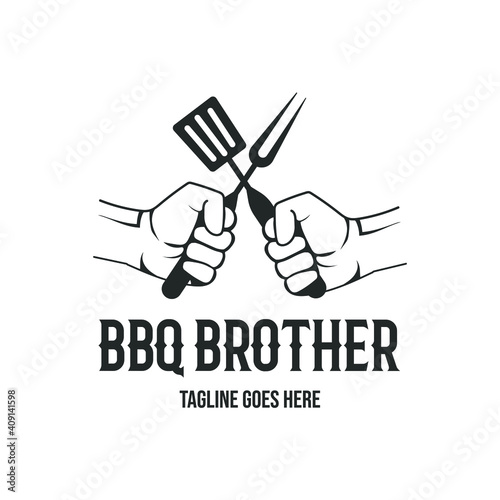 Bbq brother. Vintage grill barbecue with crossed hands hold fork and spatula logo design