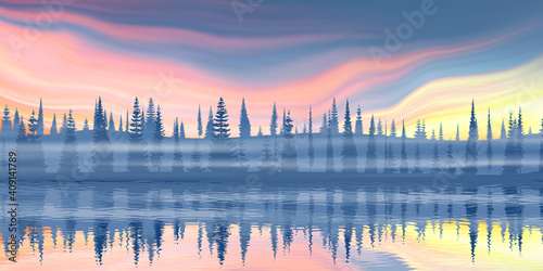 Picturesque reflection of the forest on the horizon and the sunset sky. Fantasy on a landscape theme.