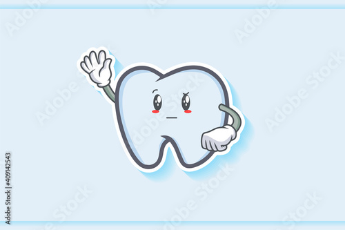 REALLY, ATTENTIVE, CURIOS Face Emotion. Waving Hand Gesture. Tooth Cartoon Drawing Mascot Illustration.