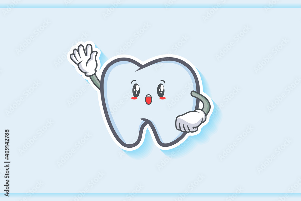 WOW, SURPRISED, AMAZED, DISMAY Face Emotion. Waving Hand Gesture. Tooth Cartoon Drawing Mascot Illustration.