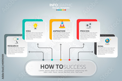 Business infographic timeline how to success with options and icons.