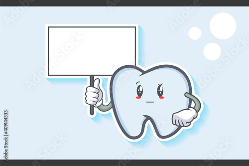 REALLY, ATTENTIVE, CURIOS Face Emotion. Holding Whiteboard Gesture. Tooth Cartoon Drawing Mascot Illustration.