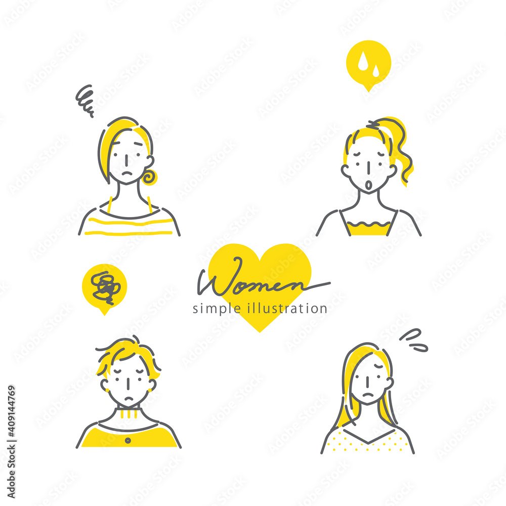 シンプルでおしゃれな線画の女性4人のイラスト素材セット 困る 2色 黄色 グレー Stock イラスト Adobe Stock