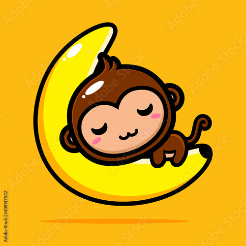 Vector design of cute monkey sleeping on big banana fruit