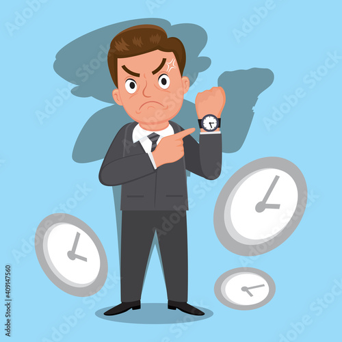  Angry businessman pointing watch asking punctuality wants be time, illustration vector cartoon