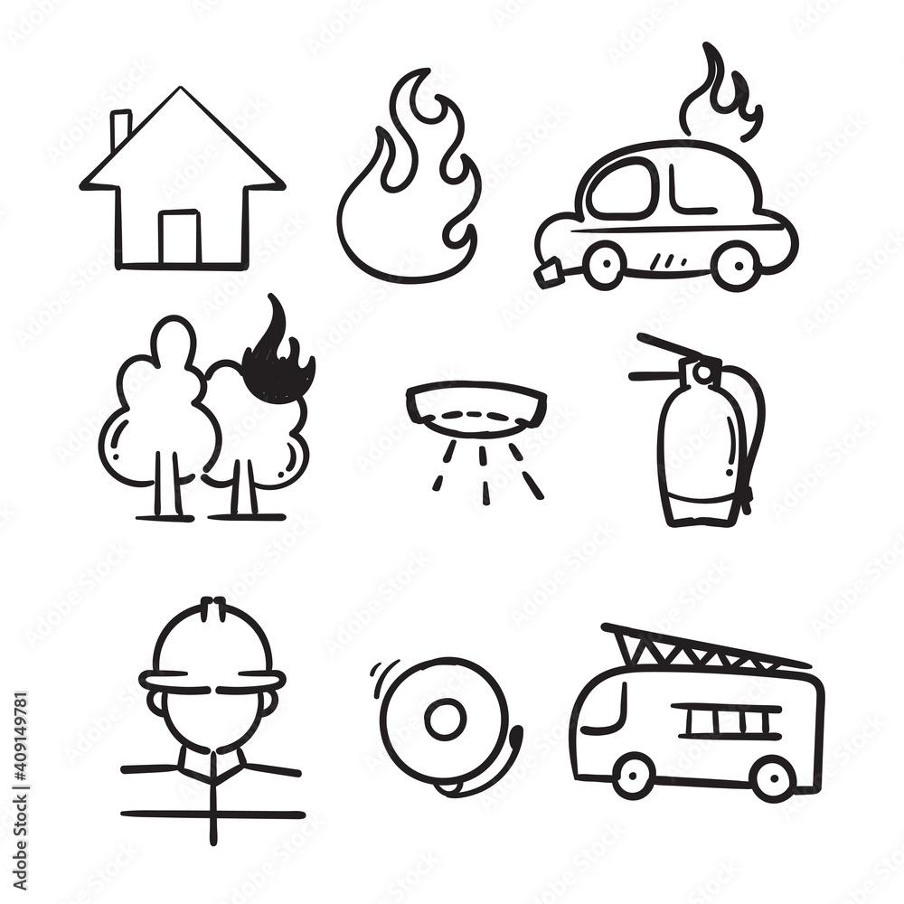 hand drawn Fire and firefighting related icon set in doodle style hand drawn Fire and firefighting related icon set in doodle style