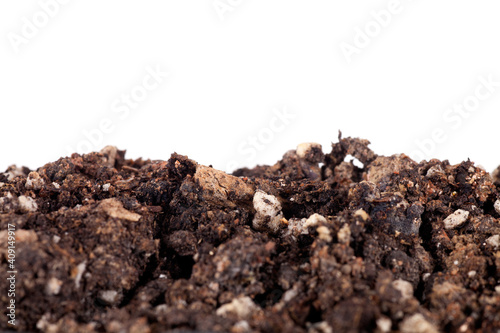 Close up of soil on white background