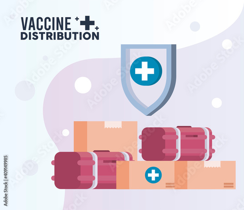 vaccine distribution logistics theme with deep freezers and boxes with shield