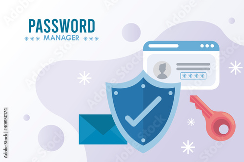 password manager theme with check symbol in shield and icons photo