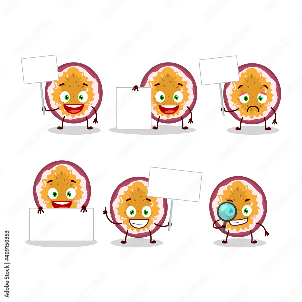 Slice of passion fruit cartoon character bring information board Slice of passion fruit cartoon character bring information board