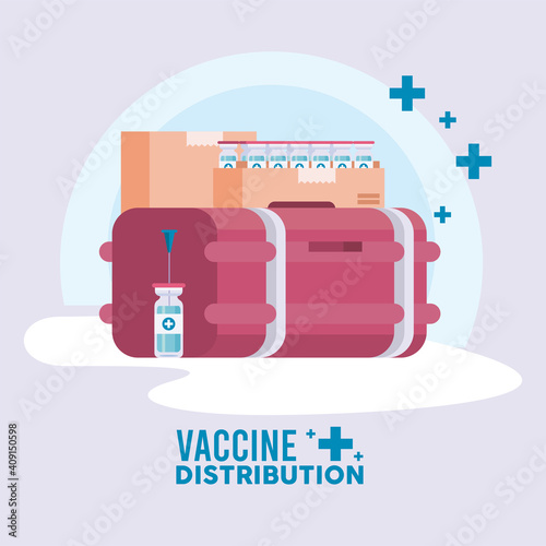 vaccine distribution logistics theme with vials in boxes and deep freezer