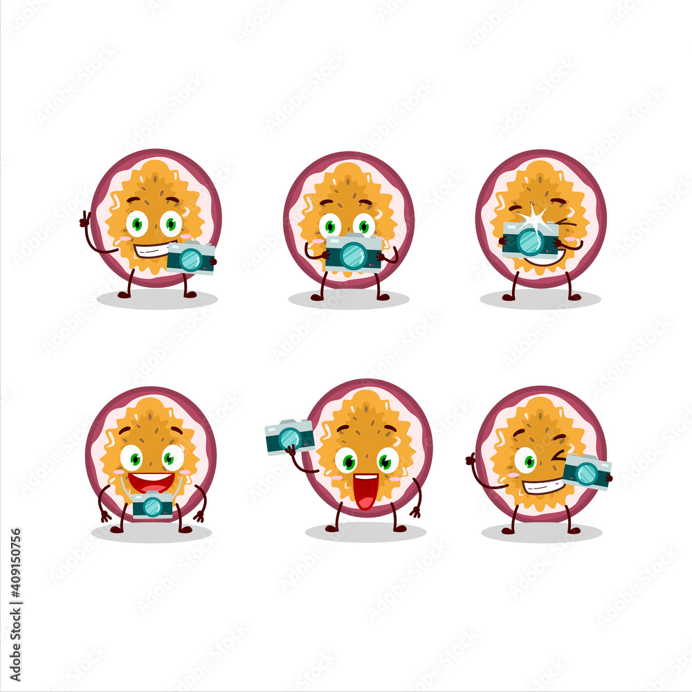 Photographer profession emoticon with slice of passion fruit cartoon character Photographer profession emoticon with slice of passion fruit cartoon character