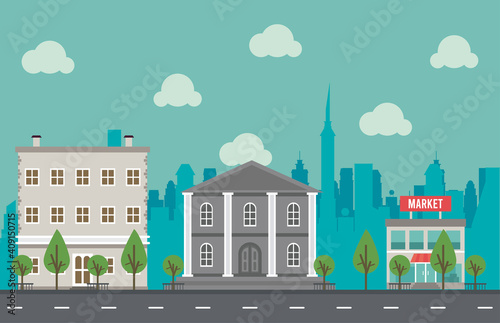city life megalopolis cityscape scene with governmental building and market