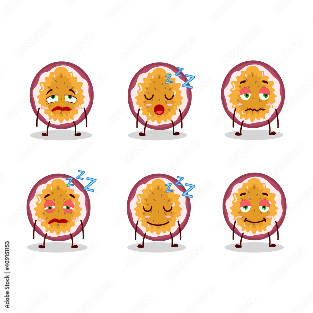 Cartoon character of slice of passion fruit with sleepy expression Cartoon character of slice of passion fruit with sleepy expression