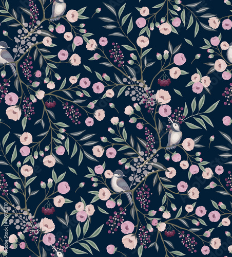 Vector illustration of seamless floral pattern with little birds in spring for Wedding, anniversary, birthday and party. Design for invitation card, picture frame, poster, scrapbook 