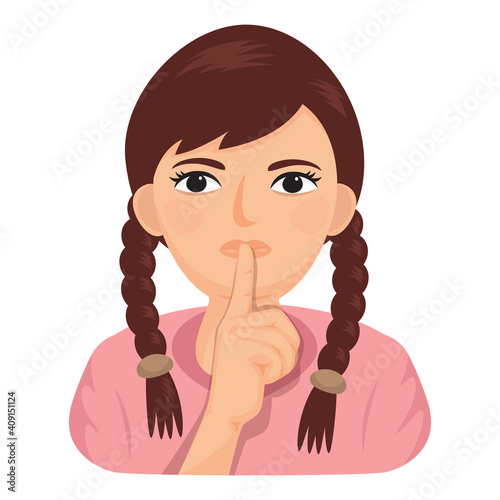 Girl making a shushing with finger on lips, illustration vector cartoon
