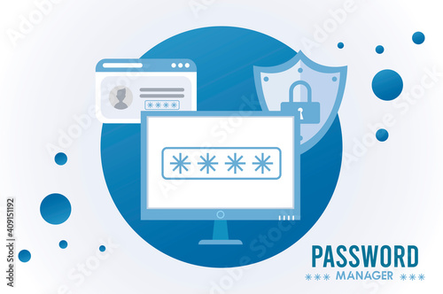password manager theme with padlock in shield and template in desktop