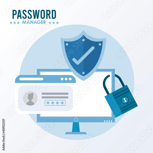password manager theme with check symbol in shield and desktop