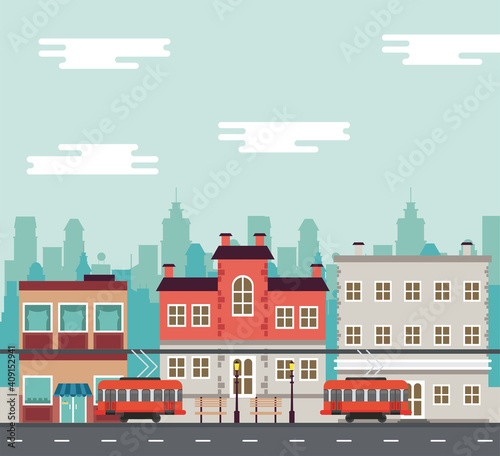 city life megalopolis cityscape scene with trolley cars and buildings
