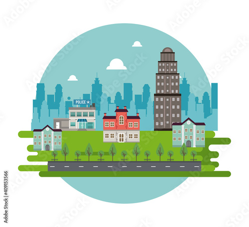 city life megalopolis cityscape scene with buildings and police station