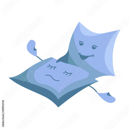 Awakening two pillows in a flat design. Cute characters on an isolated white background. Vector stock illustration.