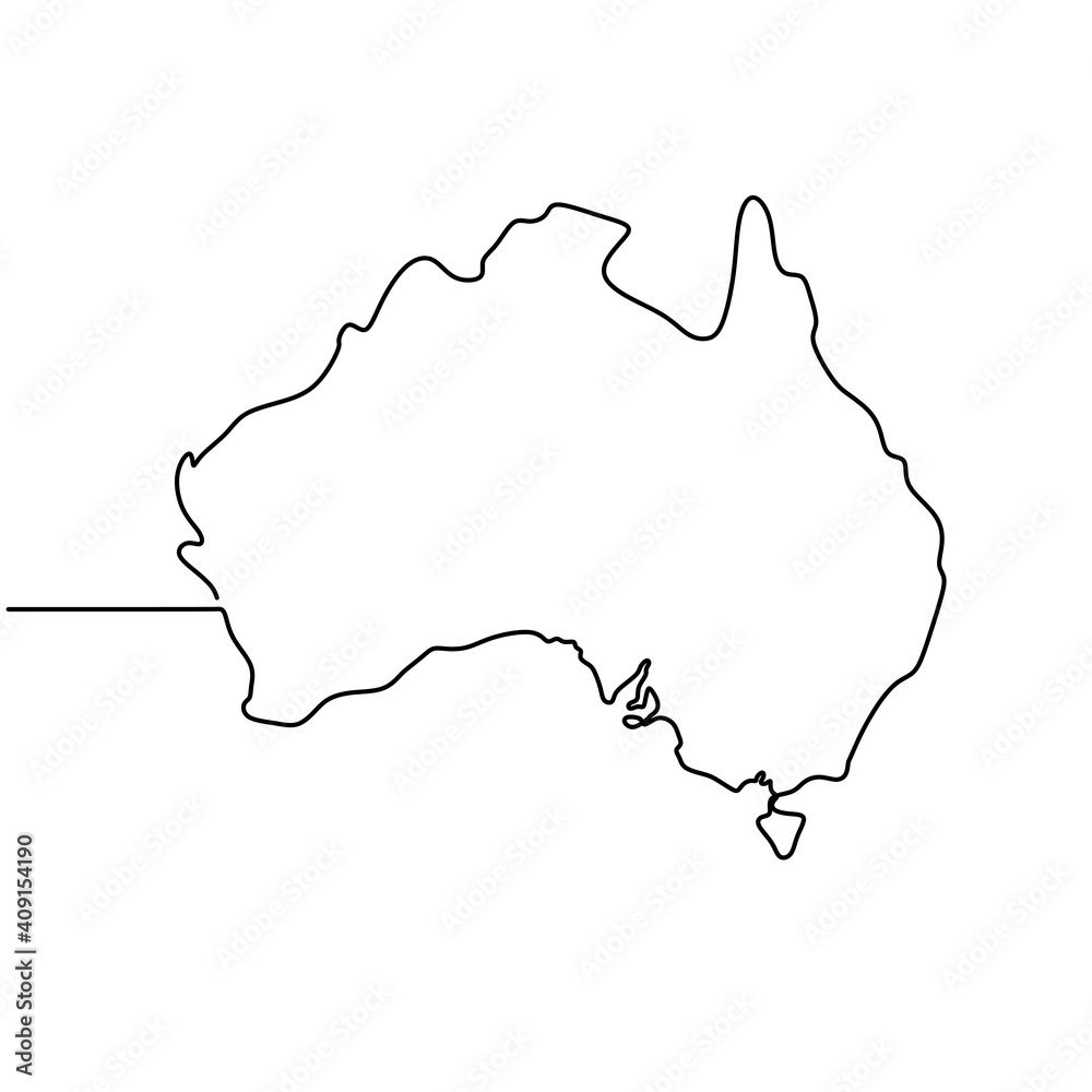 Fototapeta One continuous line illustration drawing of Australia. Abstract outline Australian continent, geographical map isolated on white background. Happy Australia Day. Hand drawn minimalism style.