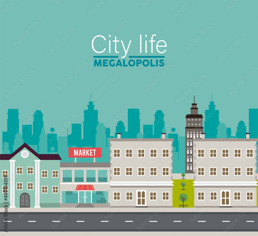 city life megalopolis lettering in cityscape scene with market and buildings