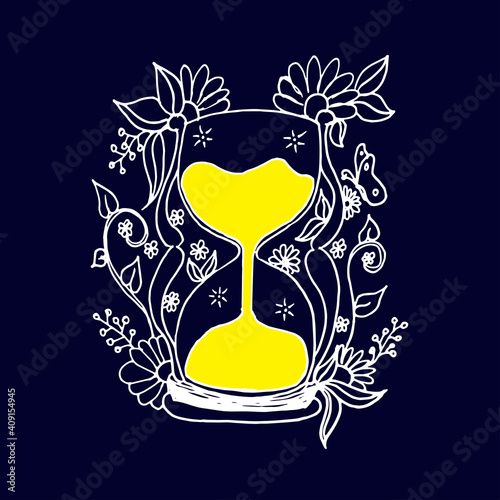 hourglass with flower vector illustration isolated on dark blue background. sandglass, yellow sand. thin white outline, hand drawn vector. doodle art for wallpaper, cover, banner, poster, advert. 