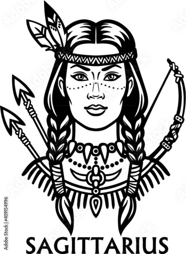 Zodiac sign Sagittarius. Fantastic princess, animation portrait. Vector monochrome illustration isolated on a white background.