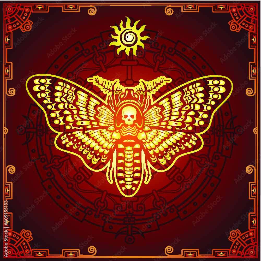 Mysterious background: the stylized color image of a moth the Dead Head, a mystical circle, a decorative frame. Esoteric, mysticism, occultism. Print, poster, t-shirt, card. Vector illustration. Mysterious background: the stylized color image of a moth the Dead Head, a mystical circle, a decorative frame. Esoteric, mysticism, occultism. Print, poster, t-shirt, card. Vector illustration.