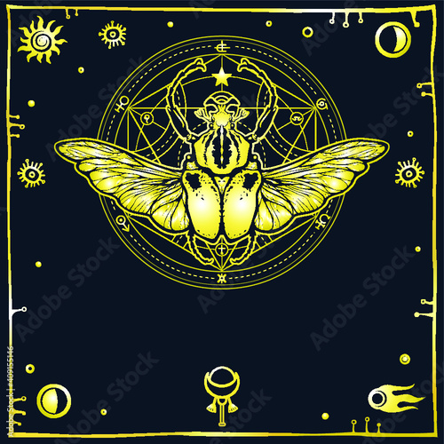 Image of the stylized bug Goliath, a decorative frame. Alchemical circle of transformations. Esoteric, mysticism, occultism. Print, poster, t-shirt, card. Vector illustration. The place for the text.