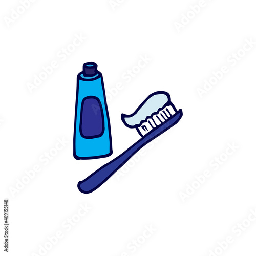 blue toothbrush and toothpaste vector illustration on white background. hand drawn vector. health care, daily routine. doodle for kids, wallpaper, cover, banner, poster, logo, sticker, clipart. 